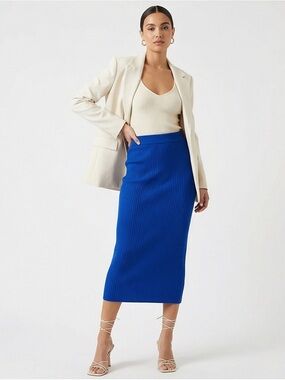 Umgee Blue Knit Mid-Skirt with Side Slits - Small Soft and Stretchy.